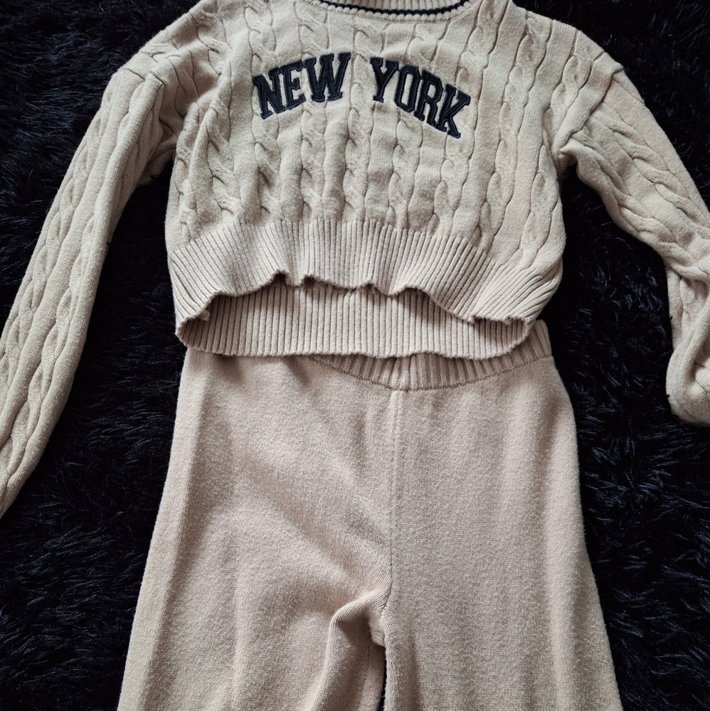 Kids Cable Knit Beige Sweater Crop Top Set